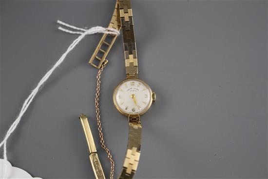 A ladys 1960s 9ct gold Fauve Leuba manual wind wristwatch, on a 9ct gold bricklink bracelet, gross weight 14.8 grams,